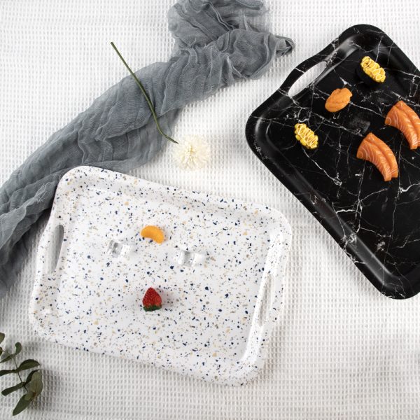 T1054 主图1 (3) Swan北欧42x30cm大理石图案磨砂托盘摆盘盘子长方形极简风格大托盘带把手餐盘