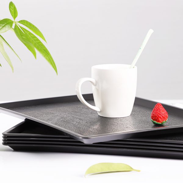 黑色磨砂浮雕39cm塑胶托盘酒店托盘欧式茶水杯易清洗木纹食物花样托盘