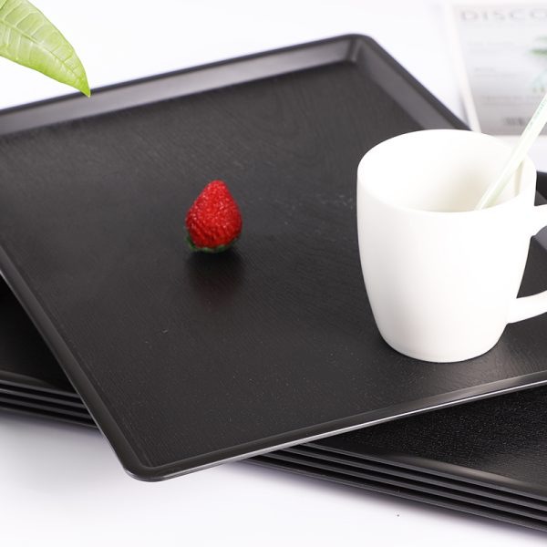 黑色磨砂浮雕39cm塑胶托盘酒店托盘欧式茶水杯易清洗木纹食物花样托盘