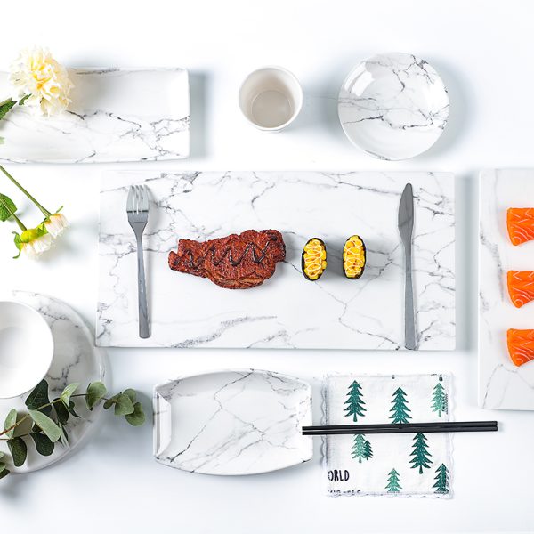 IMG_9054 SWAN White Marble pattern Five - star Hotel Tableware Series, including plates, bowls, cups and trays