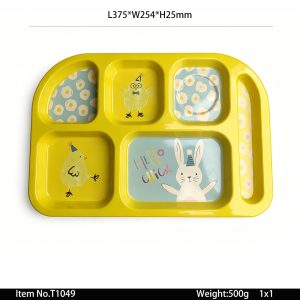 T1049东莞晶湖源头厂家定做日本日式儿童美耐皿37x25cm六格长盘 可定制产品颜色和印刷图案