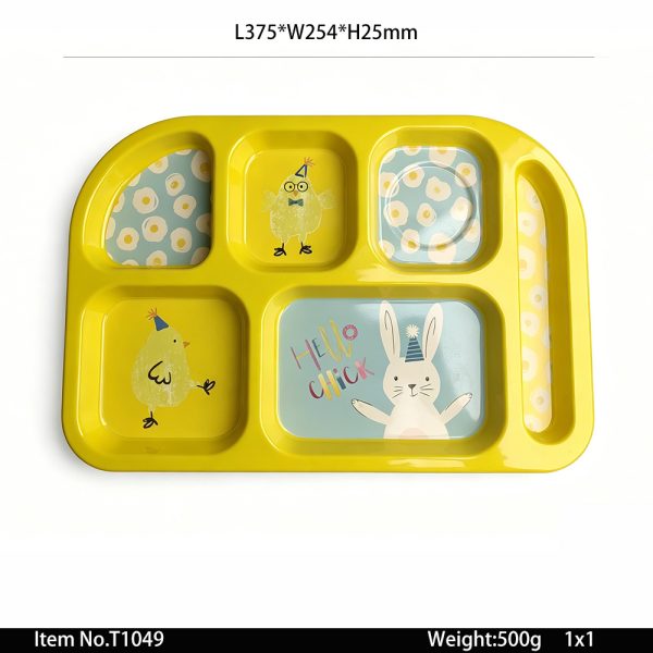 T1049东莞晶湖源头厂家定做日本日式儿童美耐皿37x25cm六格长盘 可定制产品颜色和印刷图案