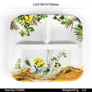 T30985 SKU T30985东莞晶湖源头厂家定做日本日式美耐皿23x21cm三格盘 可定制产品颜色和印刷图案