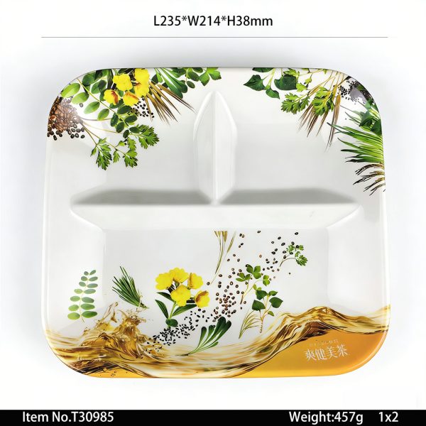 T30985东莞晶湖源头厂家定做日本日式美耐皿23x21cm三格盘 可定制产品颜色和印刷图案
