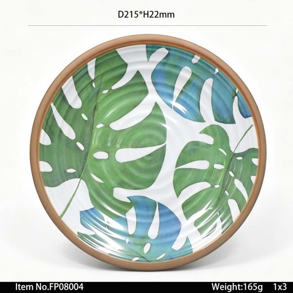 FP08004 SKU FP10005东莞晶湖源头厂家定做欧美澳美耐皿26cm直径螺纹圆盘3套装 可定制产品颜色和盘子正面图案印刷 内亮外磨砂